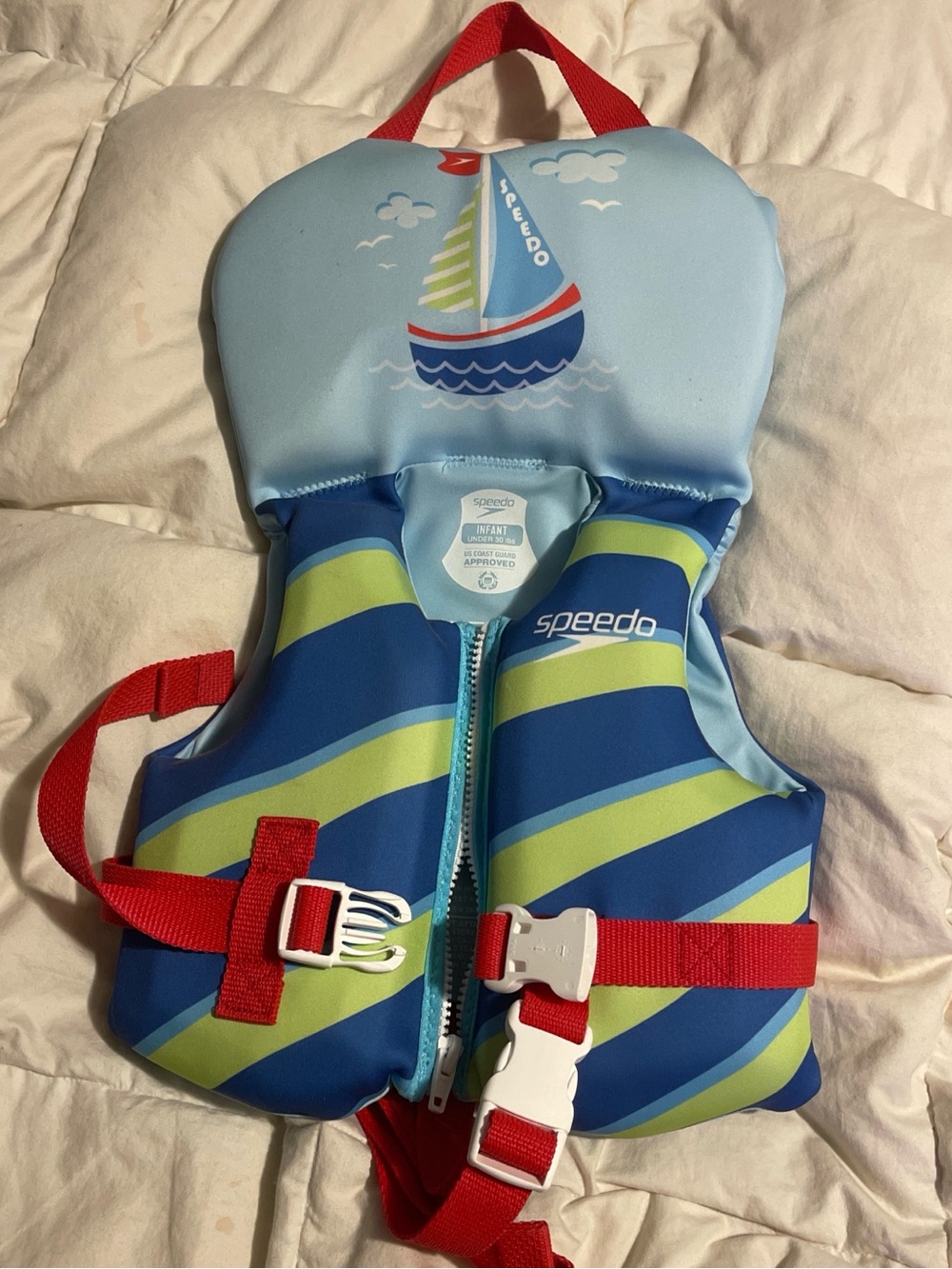 Speedo Blue and Lime Striped Kids Swim Vest with Red Straps Up to 30 Ibs